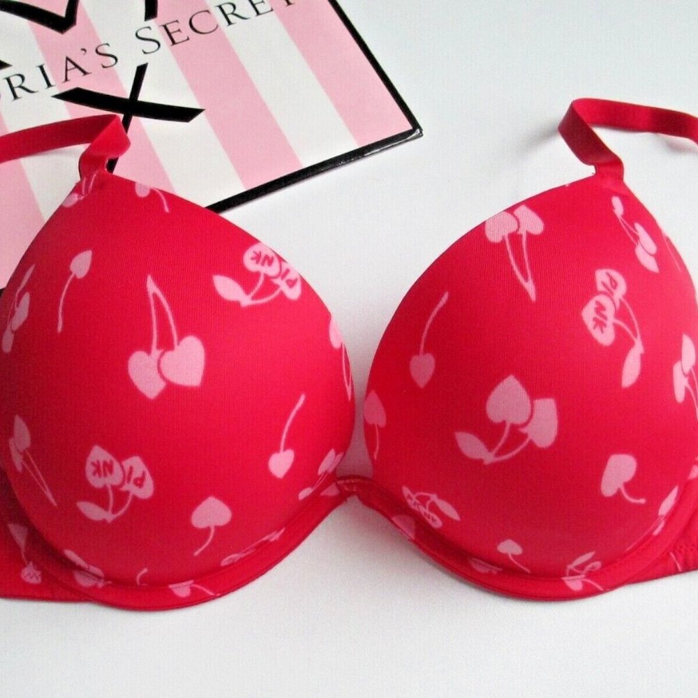 VICTORIA'S SECRET PINK Super Push-Up Bra 38B 38D Red NWT Cherries VS Cherry